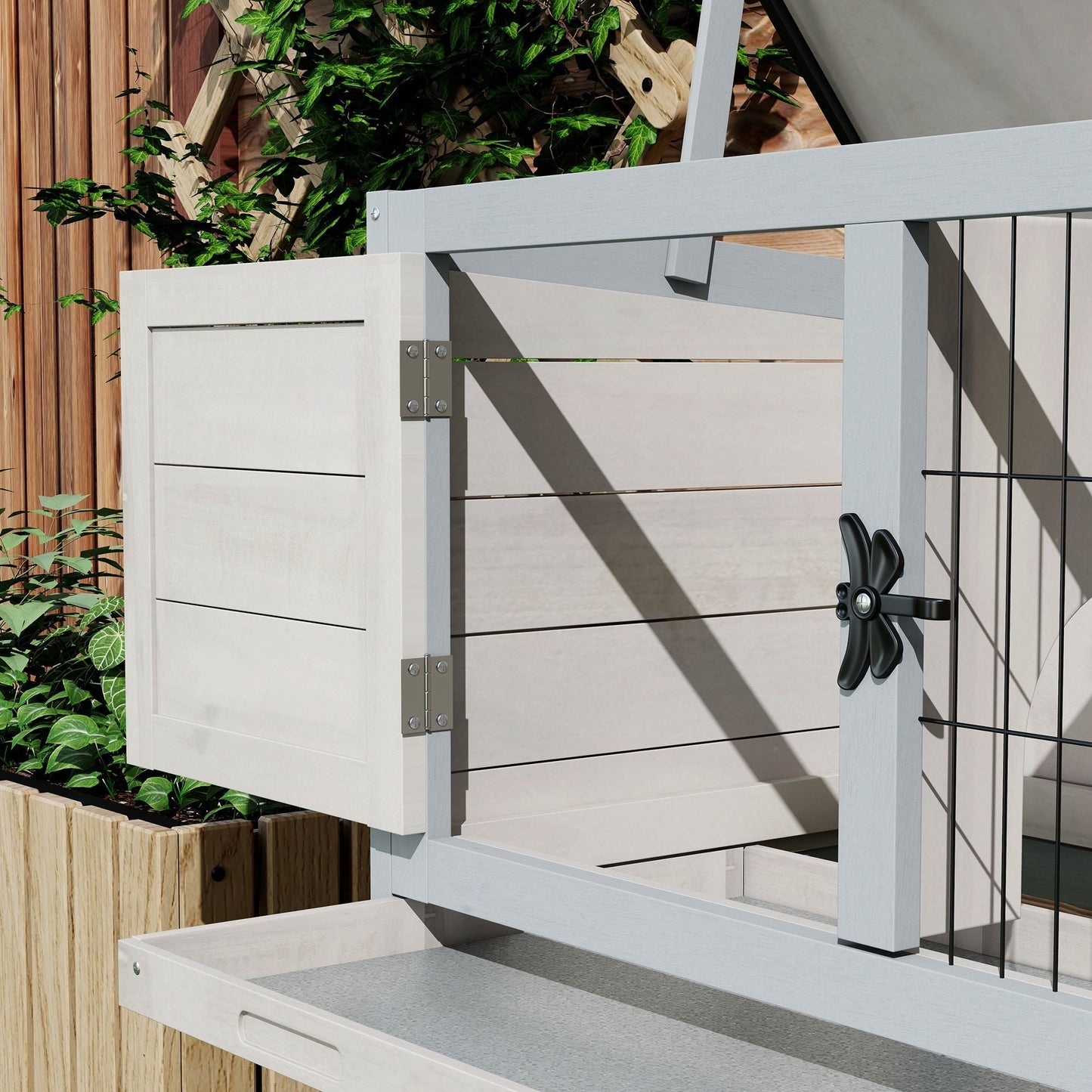 Elevated Rabbit Hutch, Wooden Bunny Cage with Hinged Asphalt Roof and Removable Tray, for Indoor/Outdoor, Gray
