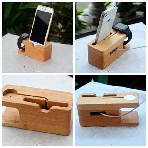 iPhone and iWatch Docking and Charging Station in Natural Wood