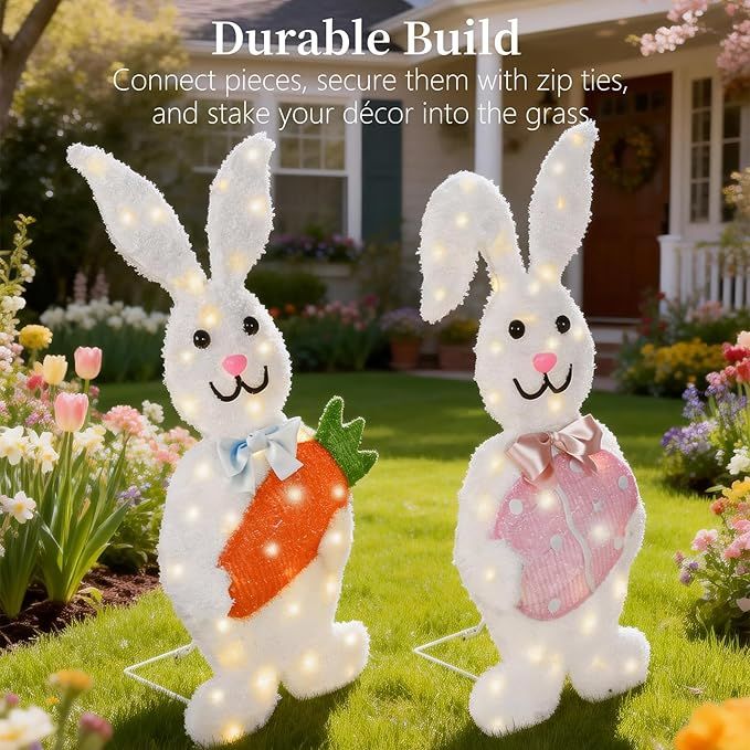 Outdoor Easter Bunny Yard Decorations, Lighted Metal Bunny Decor Set of 2, 30 Inch, Plug-in Pre-Lit LEDs for Lawn Garden Front Porch