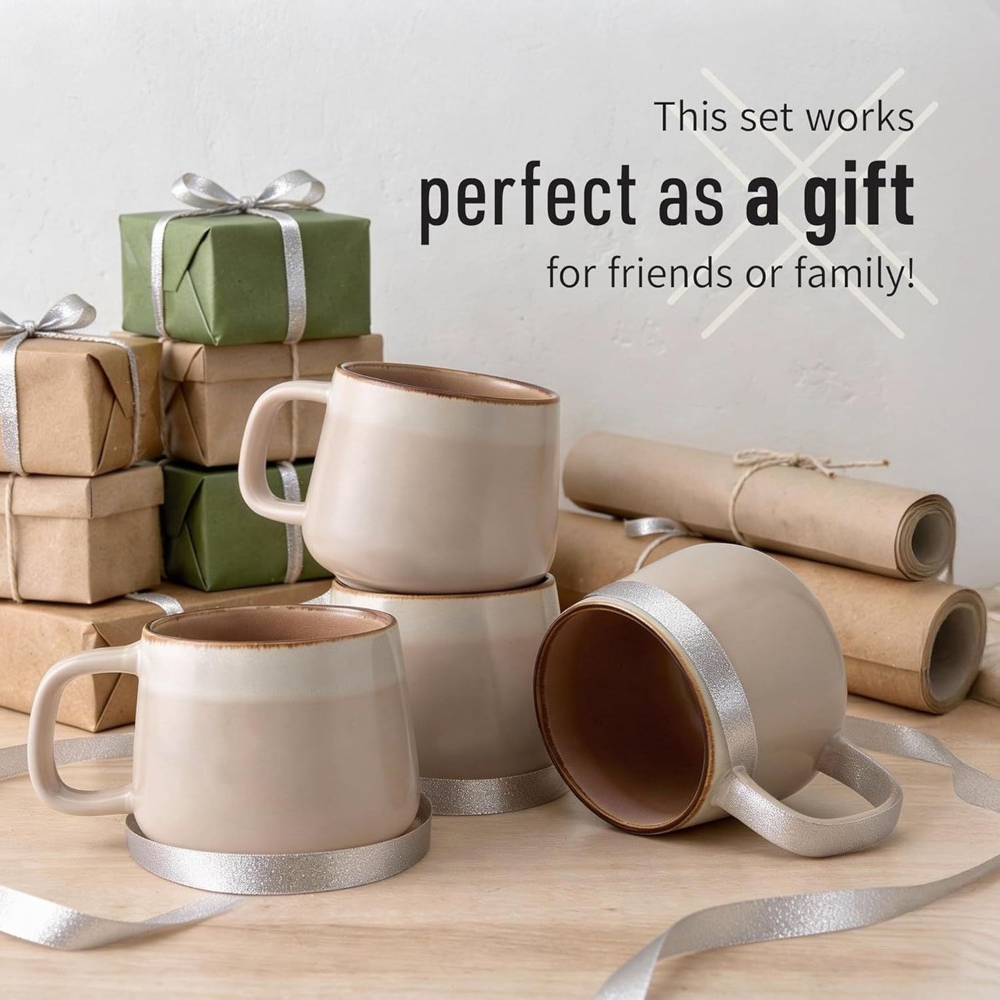 Large Ceramic Coffee Mugs Set of 4 | 16 oz Stoneware Coffee Cups | Lead-Free, Non-Toxic | Microwave and Dishwasher Safe | Comfortable Handle | Nordic Design for Tea, Cocoa, Latte | Rose Sand