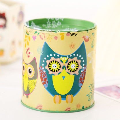 1pc Cartoon Owl Houndstooth Iron Material Round Storage Tank Money Bank