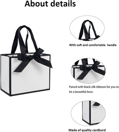 50 PCS Small White Black Gift Bags with Handles, 6.4×3.1×5.1 Inch Thank You Bags with Bow Ribbon for Baby Shower, Bridal Shower, Wedding, Party Favors, Thanksgiving, Christmas