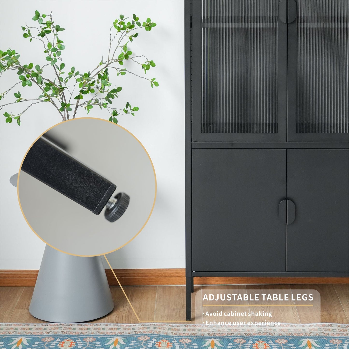 Elegant Matte Black Metal and Glass Storage Cabinet with Adjustable Shelves
