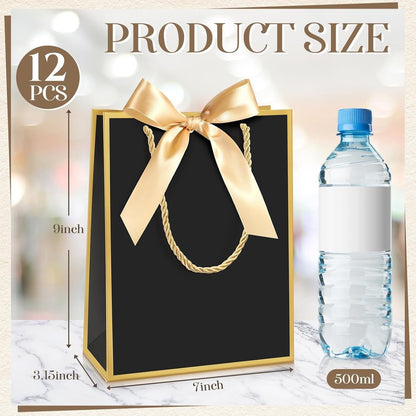 12 Pcs Paper Gift Bags with Handle 9x7x3.15'' Thank You Gift Bags with Bow Ribbon for Holiday Valentines Wedding Bridal Baby Shower Birthday Party