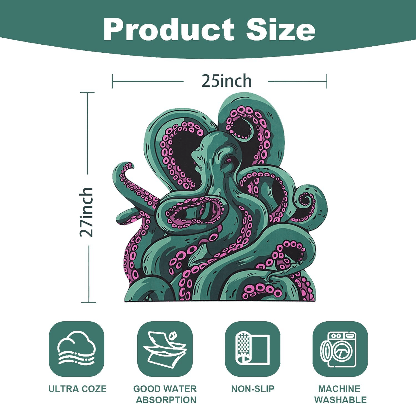 Green And Purple Cthulhu Rugs Water Absorbent Bath Mat Octopus Anime Rug Graphic Gothic Bathroom Rugs Fantasy Decorate, Non Slip Backing, Unique Gift & Decor for Gamers, 27x18 in