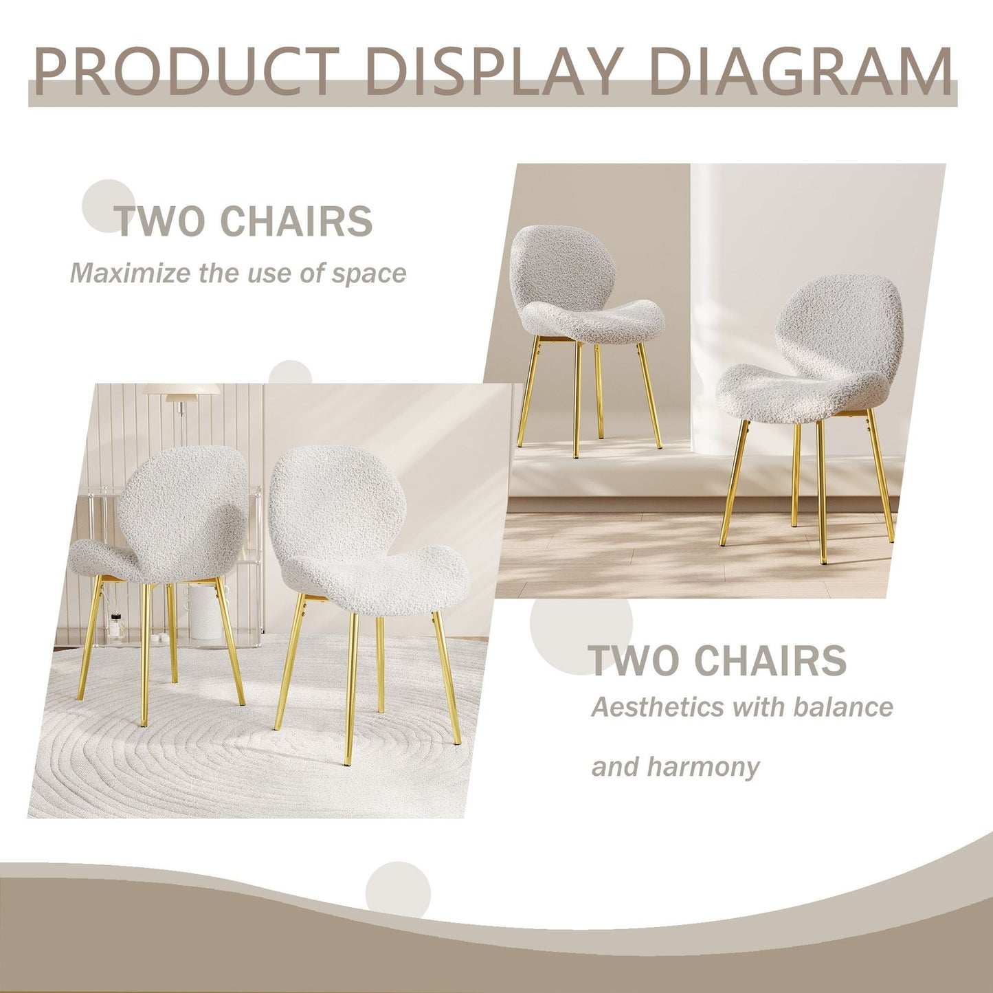 Modern minimalist white teddy velvet Dining Chairs Set of 2 with sturdy gold metal legs and comfortable backrest design, suitable for restaurants, kitchens, and offices.