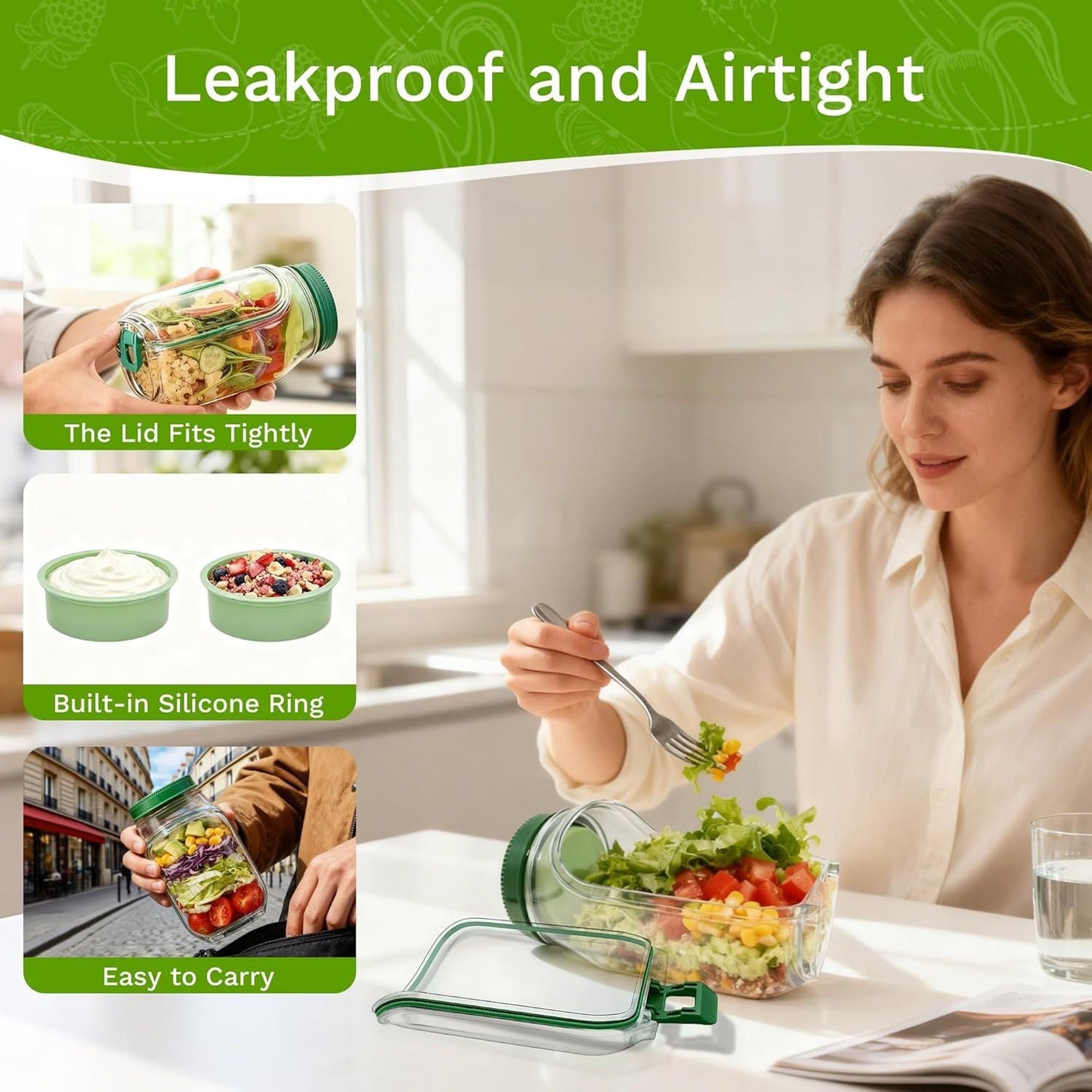 Salad Container with Side Opening, Leak-Resistant Design with Dressing Cup & Lid, Dishwasher & Freezer Safe for Office, Travel & Outdoors (green)