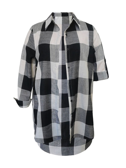 Plus Size Casual Blouse, Women's Plus Gingham Print Button Up Roll Up Sleeve Turn Down Collar Blouse