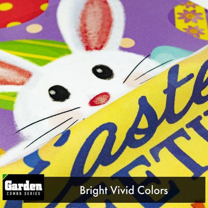 Combo Pack Garden Flag Stand Black 36x16 Inch & Garden Flag Easter Greetings with White Bunny Eggs 12x18 Inch