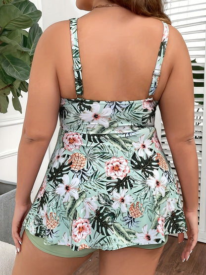 Large size women's swimsuit, green, fresh and fashionable split type Tankini swimsuit
