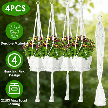 4 PCS Heavy Duty Hanging Plant Holder Natural Cotton Rope Planter Basket with Hanging Ring,Eco-Friendly Hanging Planter Basket Durable Cotton Rope Plant Hanger Space Saving for Indoor Outdoor Garden