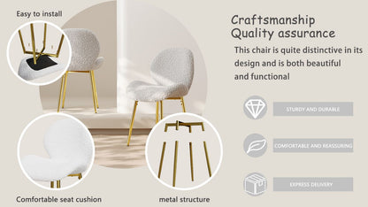 Modern minimalist white teddy velvet Dining Chairs Set of 2 with sturdy gold metal legs and comfortable backrest design, suitable for restaurants, kitchens, and offices.