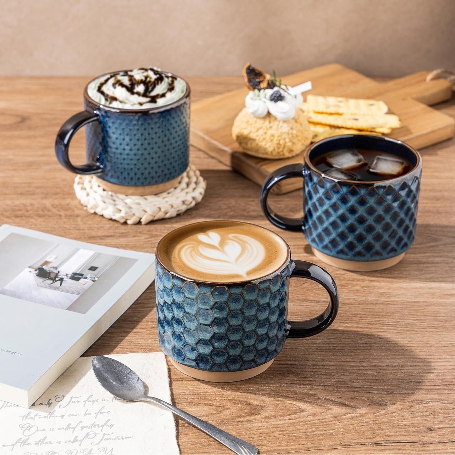 12 OZ Stackable Coffee Mugs, Ceramic Coffee Mugs with Texture Patterns for Man,Woman,Dad,Mom, Modern Coffee Mugs Set of 4 for Latte/Cappuccino/Cocoa. Dishwasher&Microwave Safe