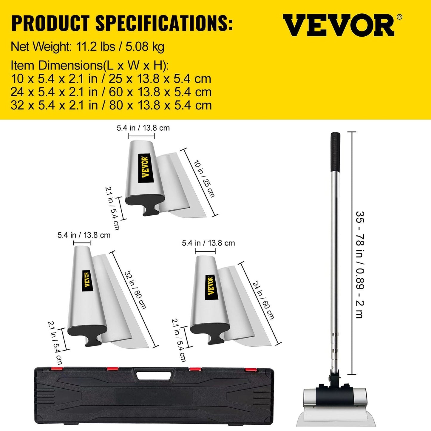 VEVOR Skimming Blade Set,10"+24"+32" Blades + 35"-78" Extension Handle, European Stainless Steel Construction Knife, Aluminum Blade Profile Smoothing Knockdown Spatula for Gyprock/Drywall/Wall-Board