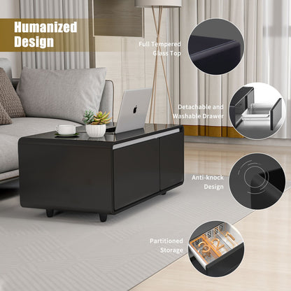 Modern Smart mini Coffee Table with Built in Fridge;  Outlet protection; Wireless charging module; Mechanical temperature control; Power socket; USB interface And power interface.