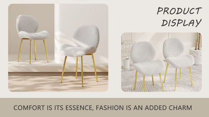 Modern minimalist white teddy velvet Dining Chairs Set of 2 with sturdy gold metal legs and comfortable backrest design, suitable for restaurants, kitchens, and offices.