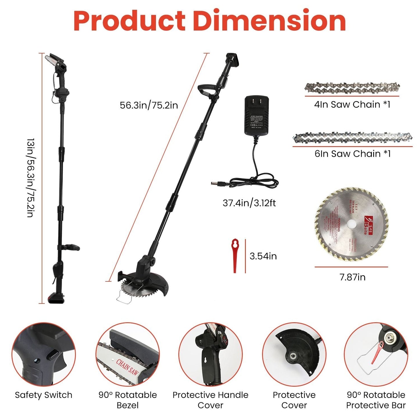 3-in-1 Cordless Electric Pole Saw & Mini Chainsaw & Grass Trimmer Kit with Adjustable Length 2Pcs 21V 1500mAh Batteries 4in/6in Chains Saw Blade 5Pcs Plastic Blades