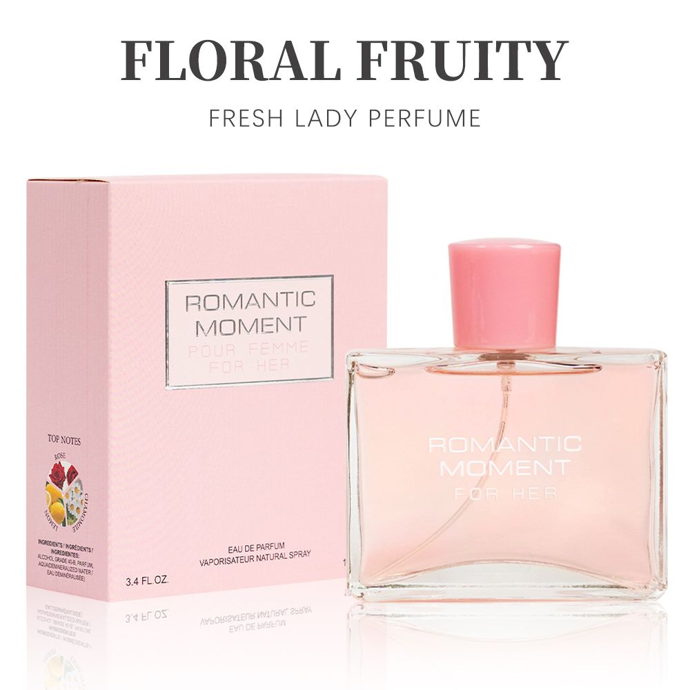 3.4fl Oz Women's Eau De Parfum - ROMANTIC MOMENT - Floral & Woody - With Rose, Chamomile, and Lemon - Medium Intensity Perfume