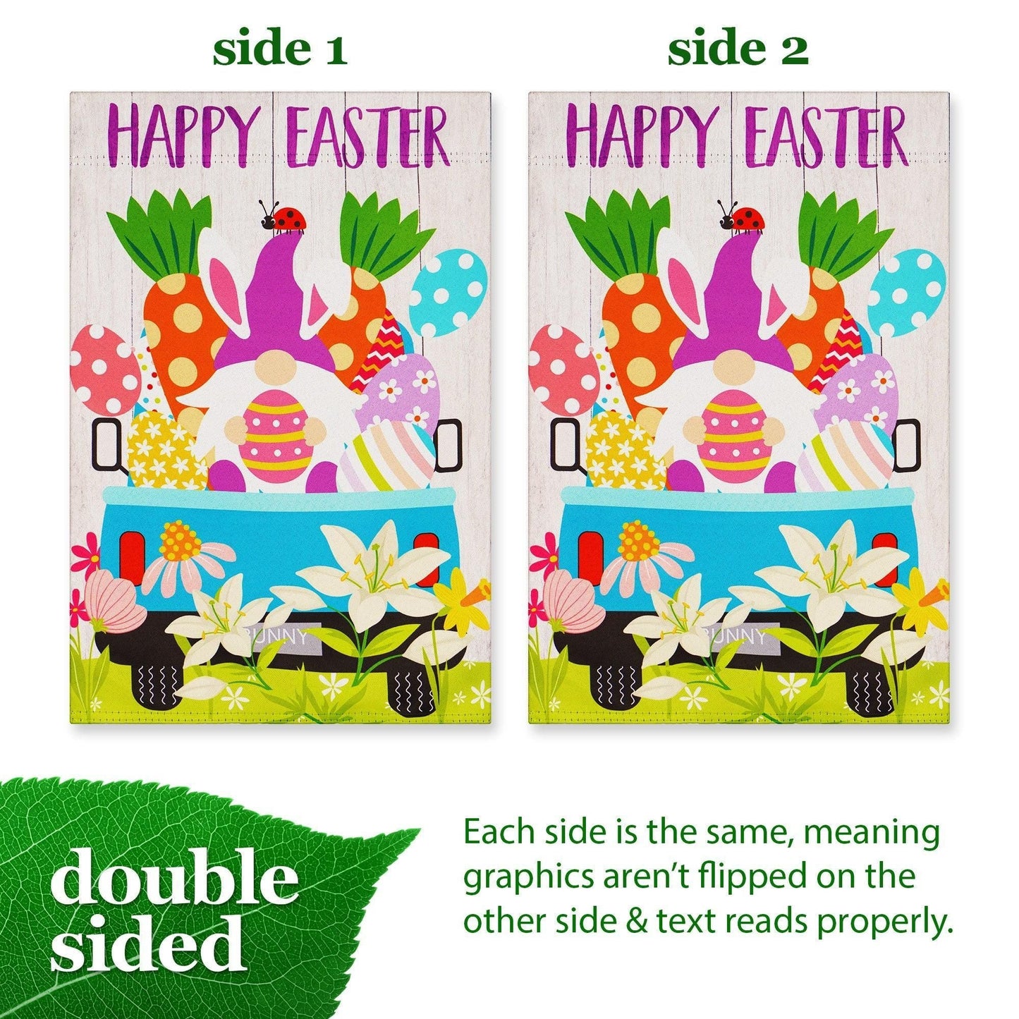 Garden Flag Happy Easter Rabbit Gnome in Truck 12x18 inch Blockout Fabric Double Sided
