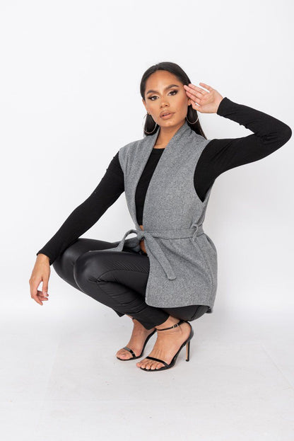 Sleeveless Wool Belted Blazer