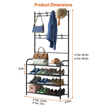 Entryway Coat Hat Rack Shoe Storage Shelf Shoe Rack Freestanding Hall Tree Garment Hanger Stand Clothes Shoe Organizer Combo