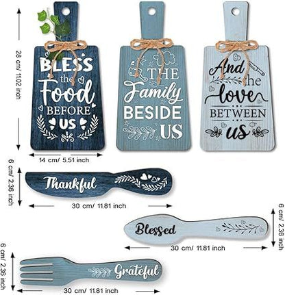 6pcs Kitchen Wall Decor Bless Food Sign Set Wall Table Accessories Wooden Pendant Decorations Mini Plaque Fork Spoon Shape Sign Rustic Style Home Dector Blue, 11x5.5 inch/11.8x2 inch
