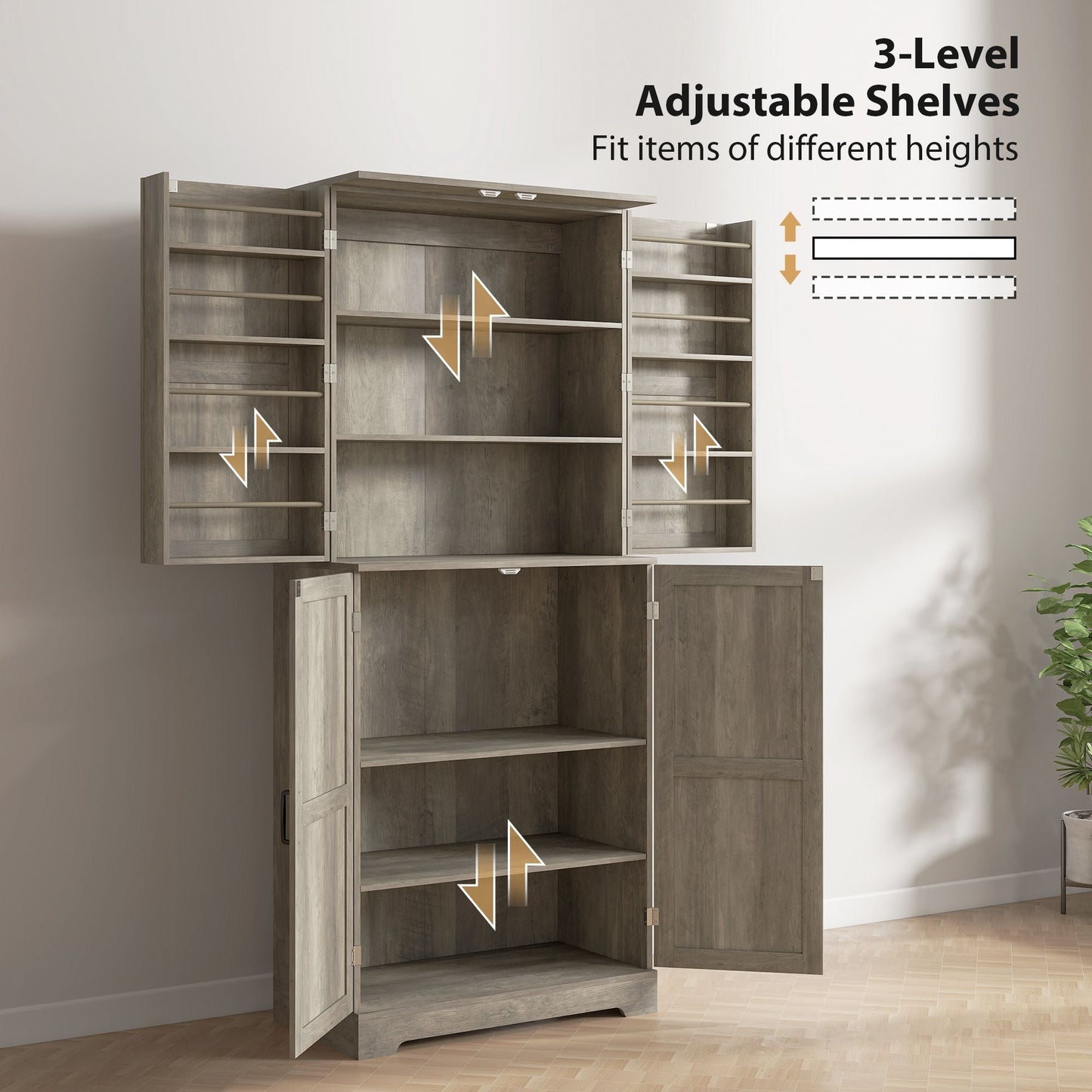 HOMCOM Farmhouse Kitchen Pantry, 72" Tall Pantry Cabinet with 4 Barn Doors, 4 Adjustable Shelves and 8 Door Shelves, Gray Wash