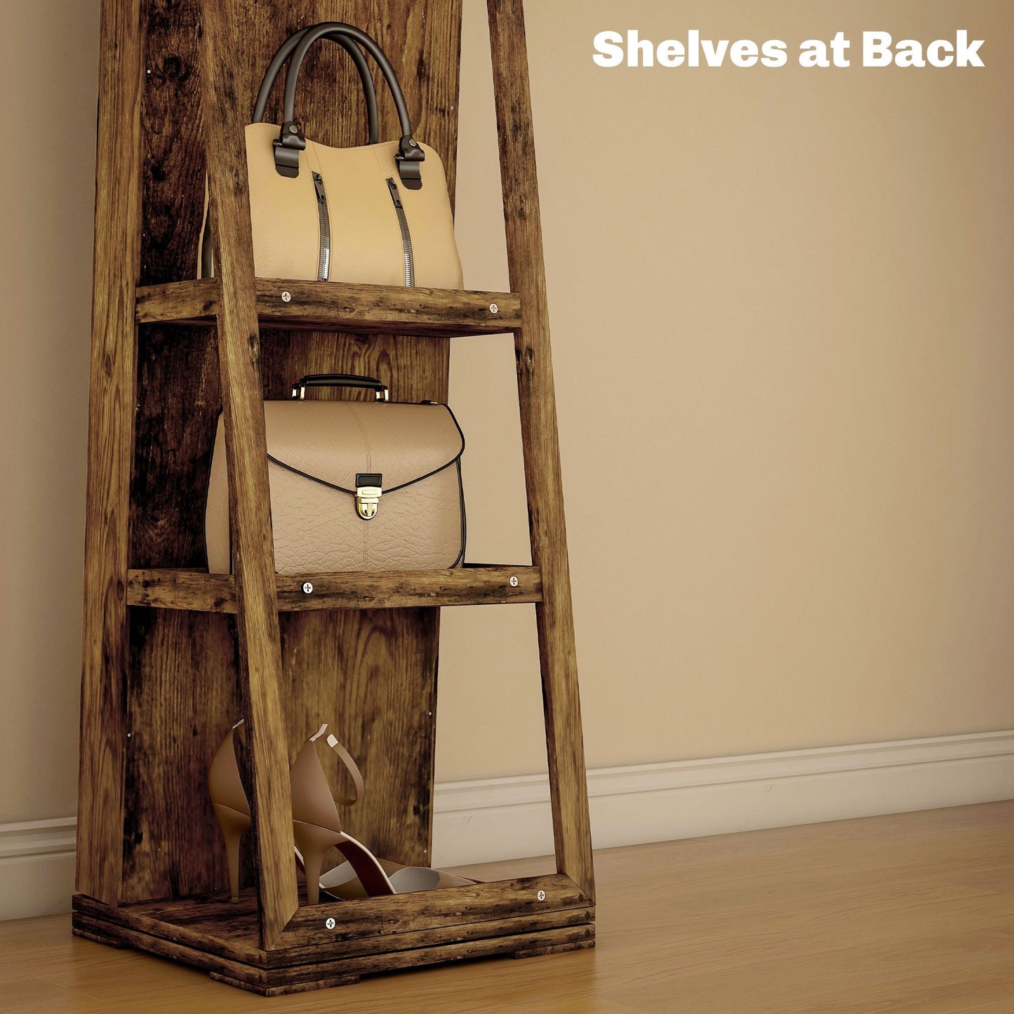 Swivel Jewelry Armoire, Lockable Mirror Jewelry Cabinet with Built-In Small Mirror, Rustic Brown