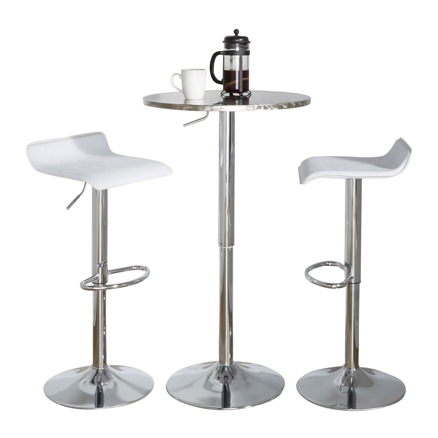 Bistro Round-Ale Contemporary Adjustable Bar Set in Silver and Chrome Metal with White PVC and Oval Footrest by - 3 Piece