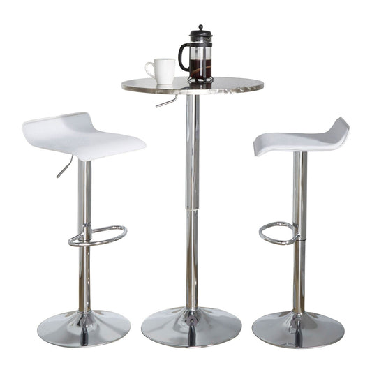 Bistro Round-Ale Contemporary Adjustable Bar Set in Silver and Chrome Metal with White PVC and Oval Footrest by - 3 Piece
