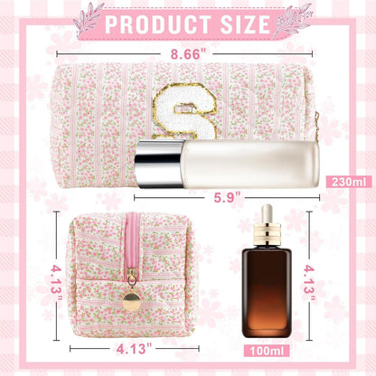 Personalized Quilted Cosmetic Bag, Puffy Monogrammed Christmas Birthday Gifts for Women & Girls, Cute initial Floral Makeup Bag Puffer Coquette Bag, Aesthetic Travel Toiletry Zipper Pouch(Pink,S)