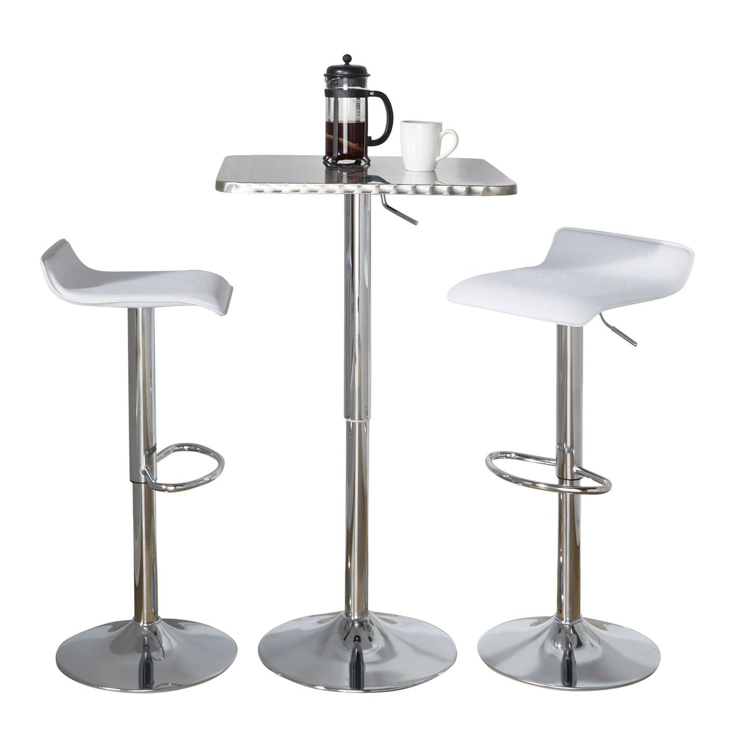 Bistro Square-Ale Contemporary Adjustable Bar Set in Silver and Chrome Metal with White PVC and Oval Footrest by - 3 Piece