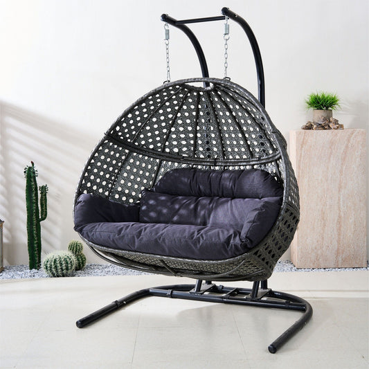 Double Wicker Swing Egg Chair,  All-Weather Rattan Hanging Hammock Chair for Home Bedroom Patio Balcony,Black&Grey