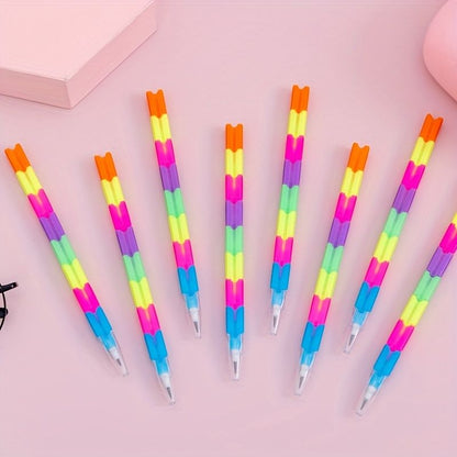 12pcs School Blocks Replaceable Core Rainbow Pencils Writing Tools Kids Gift Pencils Toy Stationery Pen Splicing Office Plastic 5.91*0.39inch