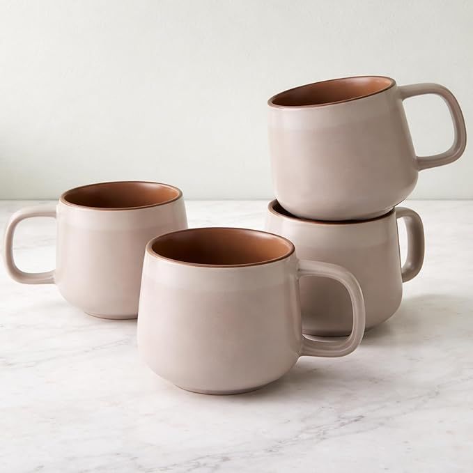 Ceramic Coffee Mugs Set of 4 | 12 oz Stoneware Coffee Cups | Lead-Free, Non-Toxic | Microwave and Dishwasher Safe | Comfortable Handle | Modern Design for Tea and Latte | Rose Sand