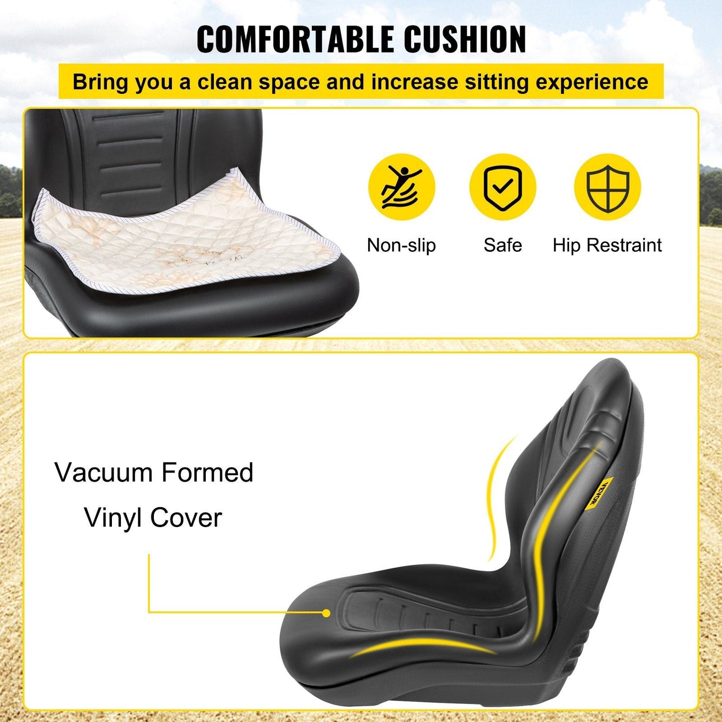 VEVOR Universal Tractor Seat Replacement 2 Pack, Compact High Back Mower Seat Pair, Black Vinyl Forklift Seat, Central Drain Hole Skid Steer Seat with Mounting Bolt Patterns
