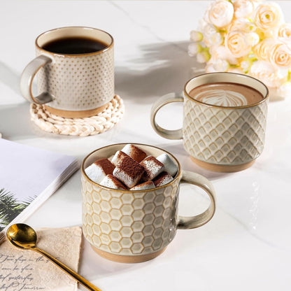 12OZ Stackable Coffee Mugs, Ceramic Coffee Mugs with Texture Patterns for Man,Woman,Dad,Mom, Modern Coffee Mugs Set of 4 for Latte/Cappuccino/Cocoa. Dishwasher&Microwave Safe, Pale Khaki