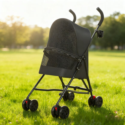 Pet Stroller for Small Dogs Cats with Mesh Ventilation, Lightweight Foldable Design, Cup Holder, Black