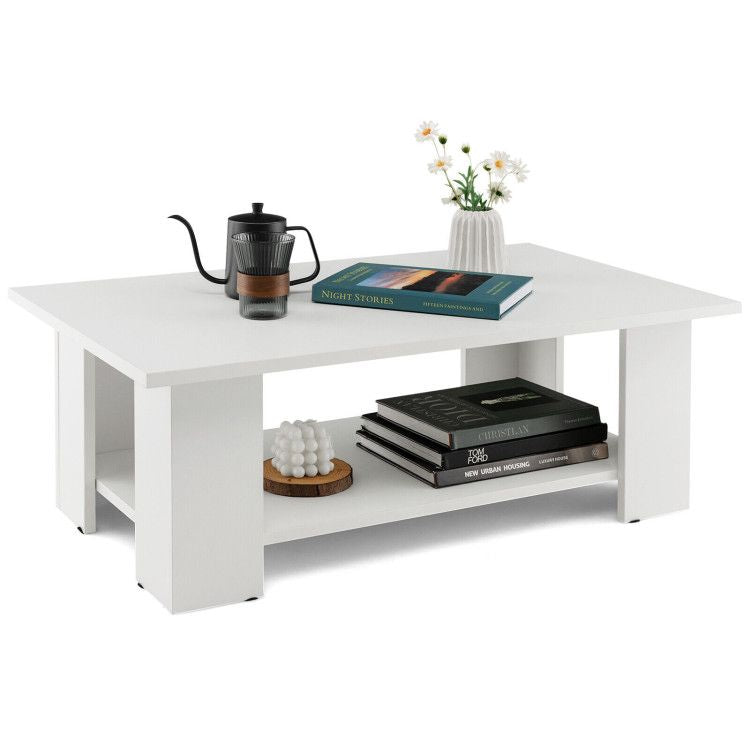 Large 41 Inch 2-tier Wooden Modern Coffee Table with Storage Shelf living room table