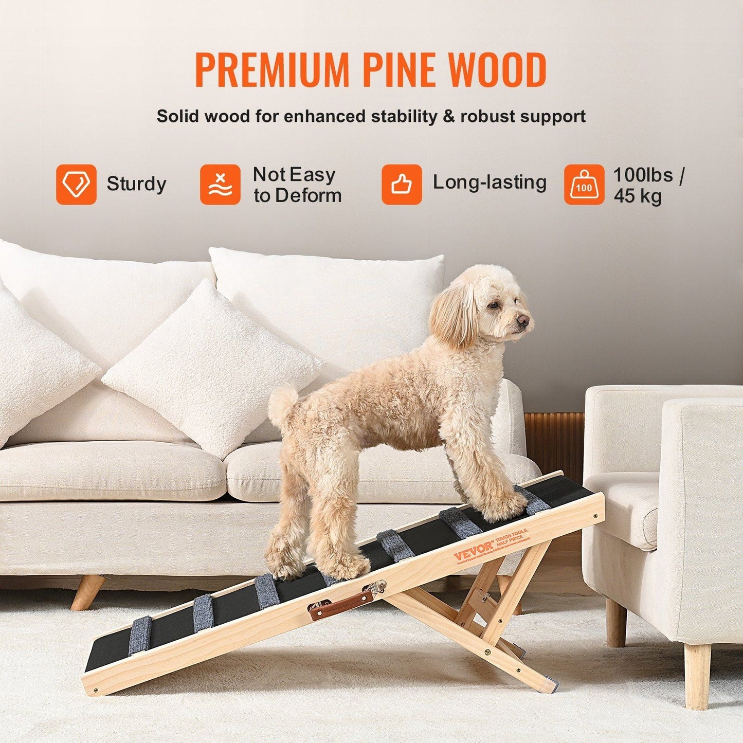 Dog Ramp, Folding Pet Ramp for Bed, Adjustable Dog Ramp for Small, Large, Old Dogs & Cats, Wooden Pet Ramp with 39.3" Long Ramp, Adjustable from 15" to 22", Suitable for Couch, Sofa, Car