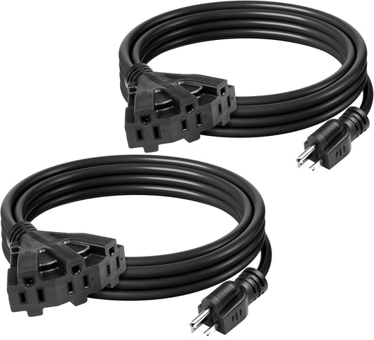 2 Pack Outdoor Extension Cord Set is Ideal for Holiday Yard Decorations and Garden Equipment. with Three outlets You can Plug in Loads up to a Total of 13amps/1625watts. (Black, 10ft)