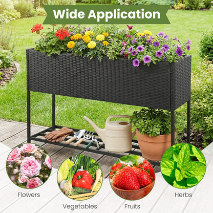 Raised Wicker Garden Bed with Storage Shelf and Removable Liner