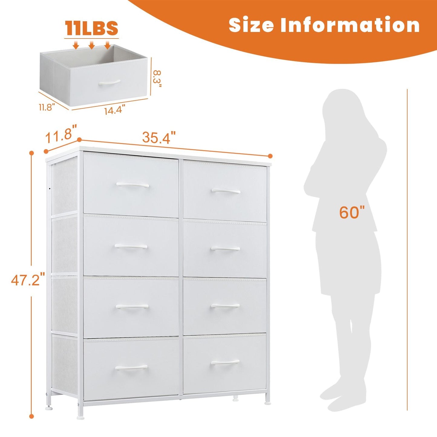 Dresser for Bedroom with 8 Drawers Tall Dresser & Chest of Drawers Fabric Dresser with Wood Top and Sturdy Steel Frame