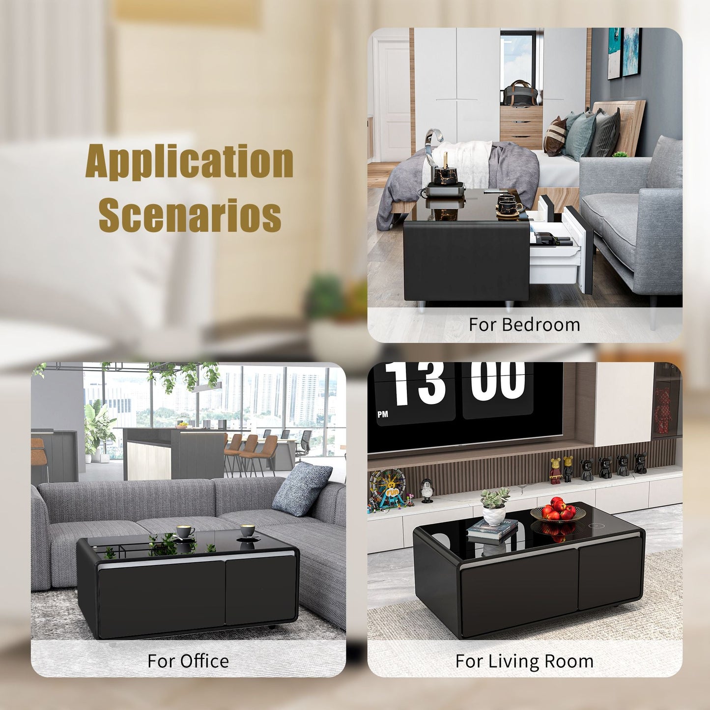 Modern Smart mini Coffee Table with Built in Fridge;  Outlet protection; Wireless charging module; Mechanical temperature control; Power socket; USB interface And power interface.