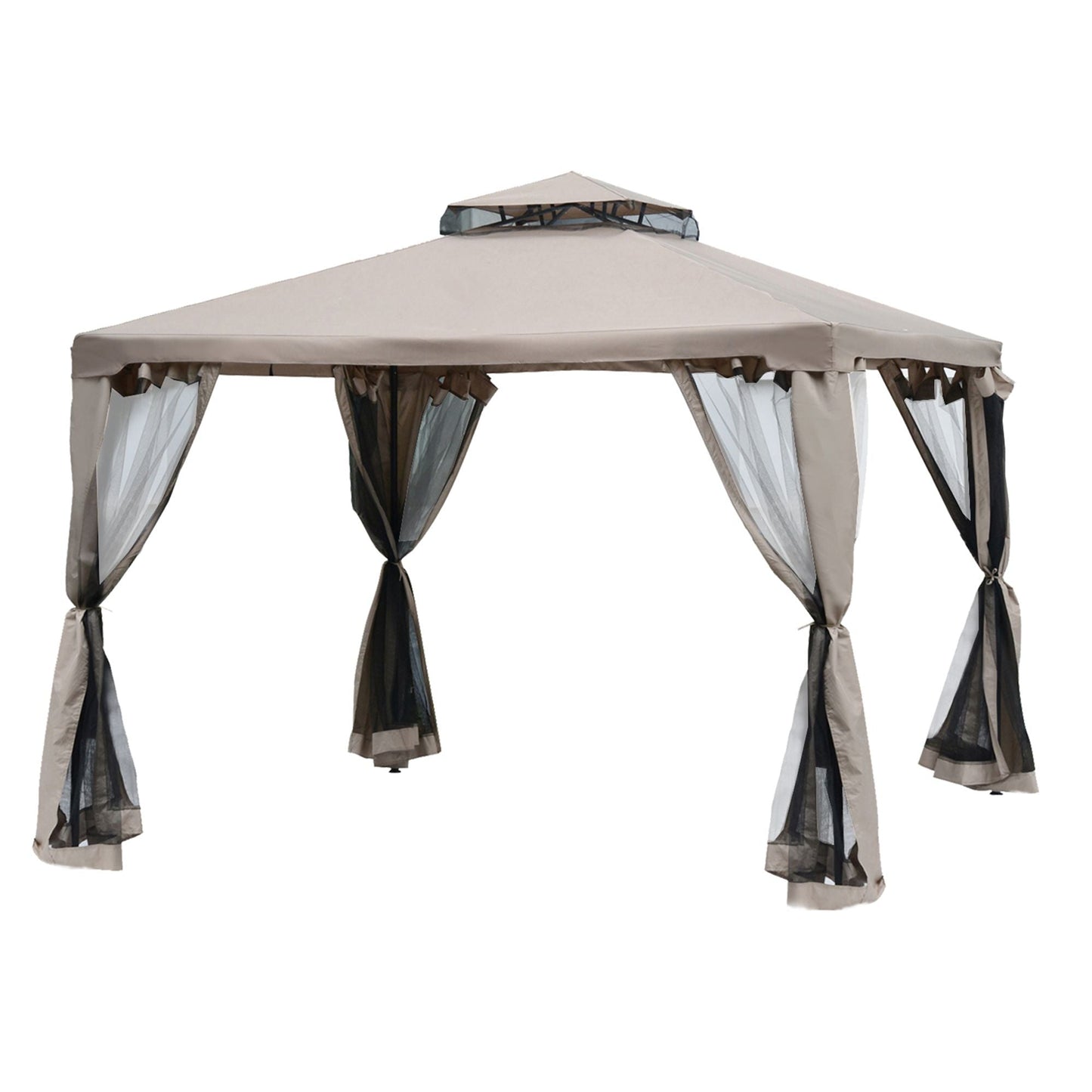 Outsunny 10' x 10' Gazebo Tent, Canopy with Mosquito Netting SideWalls, 2-Tier Vented Roof, Fabric for Garden, Lawn, Backyard, Taupe