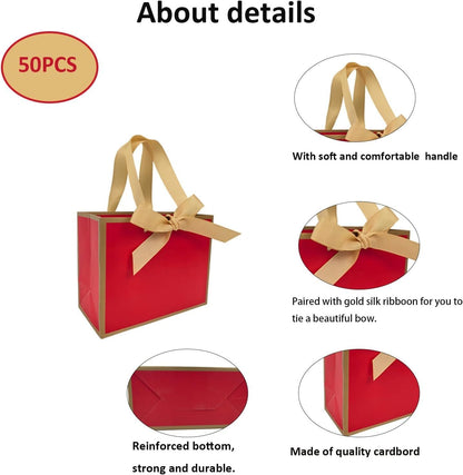 50 PCS Small Red Gold Gift Bags with Bow Ribbon - 6.4x3.1x5.1 Inch Thank You Bags with Handles, Bulk for Baby Shower, Bridal Shower, Wedding, Party Favors, Thanksgiving, Christmas