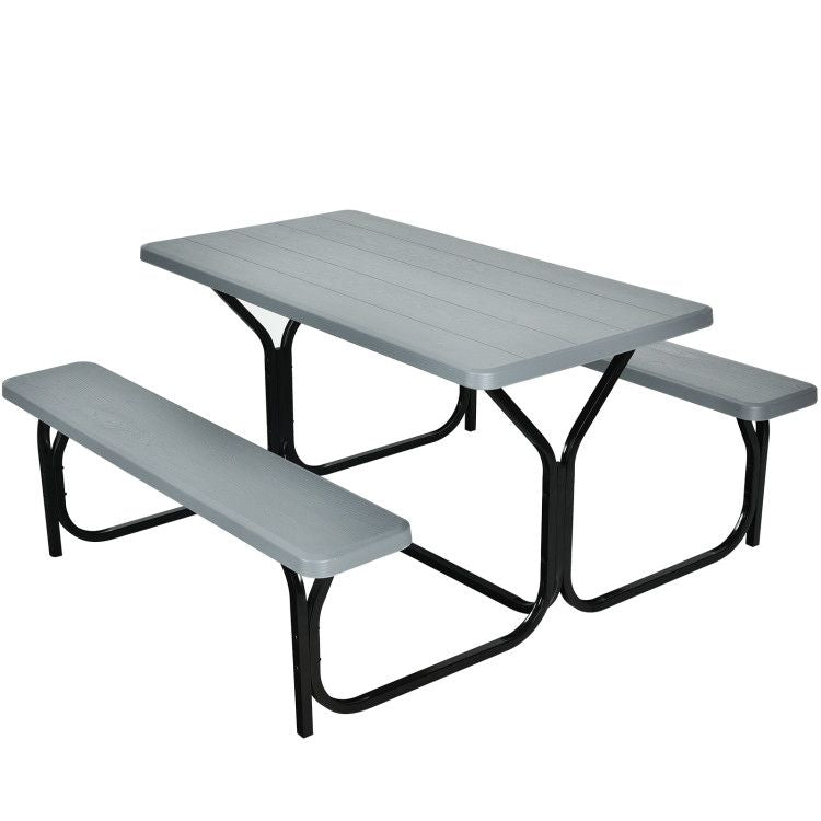 All Weather Outdoor Picnic Table Bench Set with Metal Base Wood