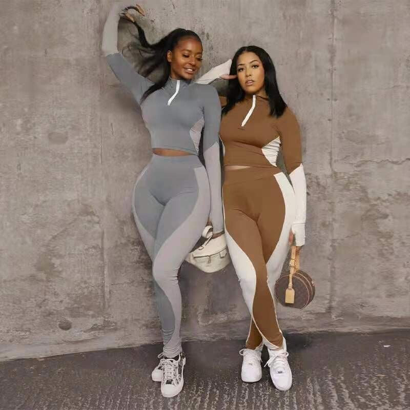 Fashion Two Pieces Activewear with Long Sleeve Crop Top with High Waist Leggings