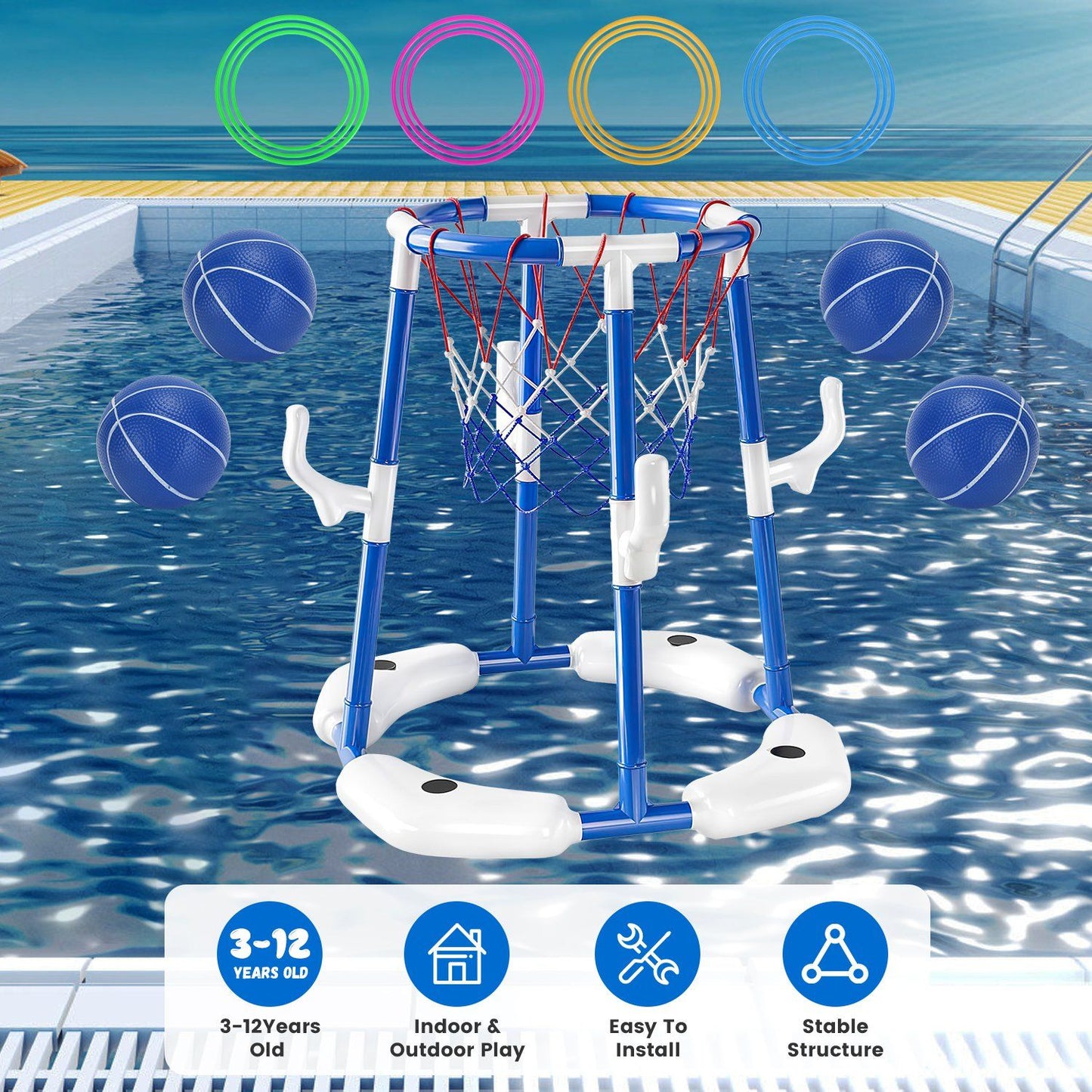 Summer Pool Basketball Hoop Toy Set With 4 Basketballs 4 Circles Pump Floating Swimming Pool Basketball Games Poolside Water Play Toy For 3-12Years Old Kids Adults