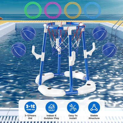 Summer Pool Basketball Hoop Toy Set With 4 Basketballs 4 Circles Pump Floating Swimming Pool Basketball Games Poolside Water Play Toy For 3-12Years Old Kids Adults